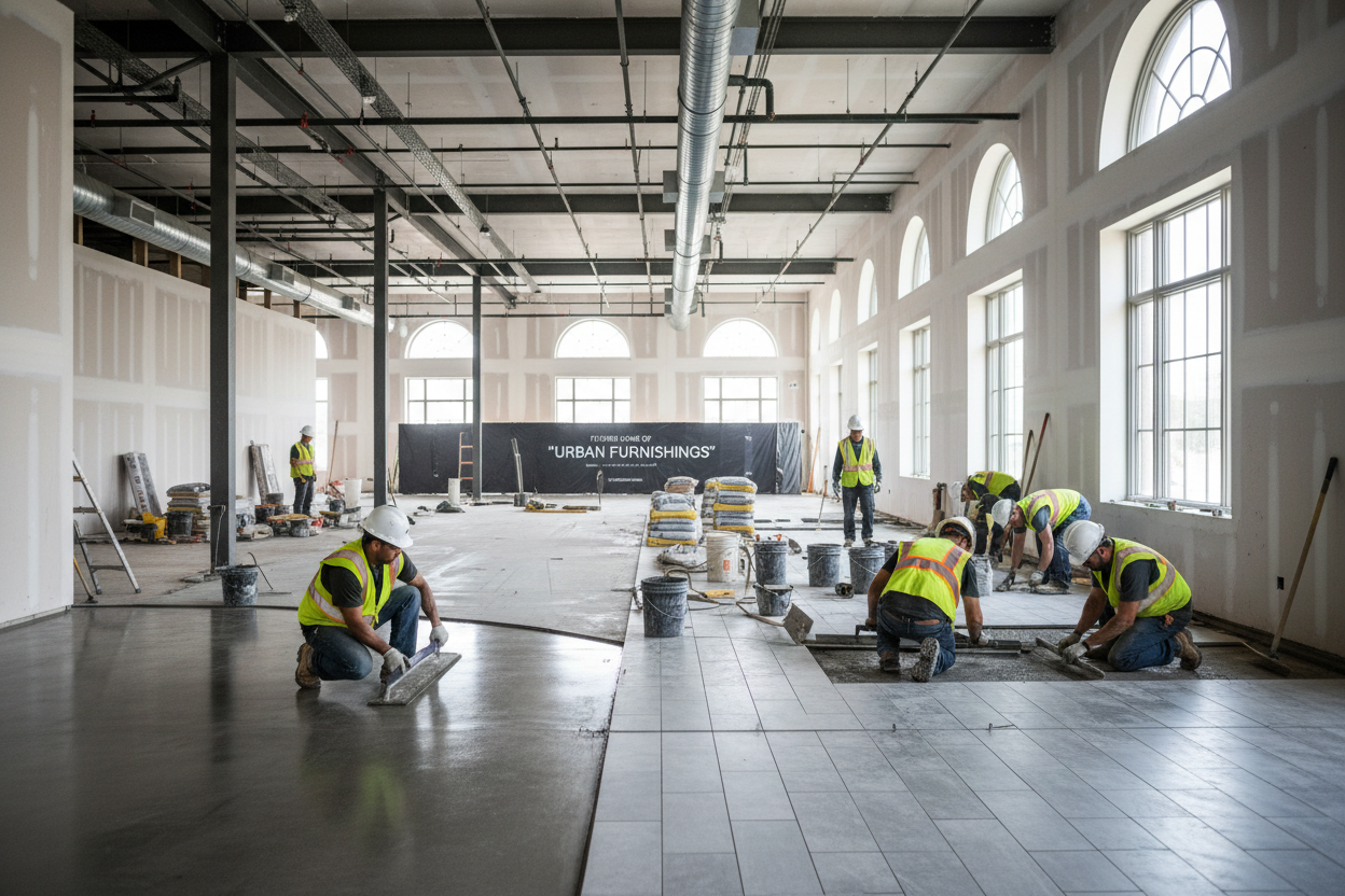 Workers in neon vests laying floor tiles inside a large, bright hall