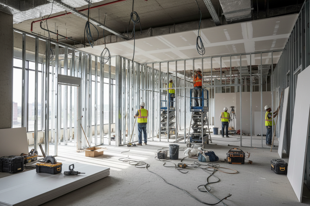 Construction workers framing interior walls in a building under construction