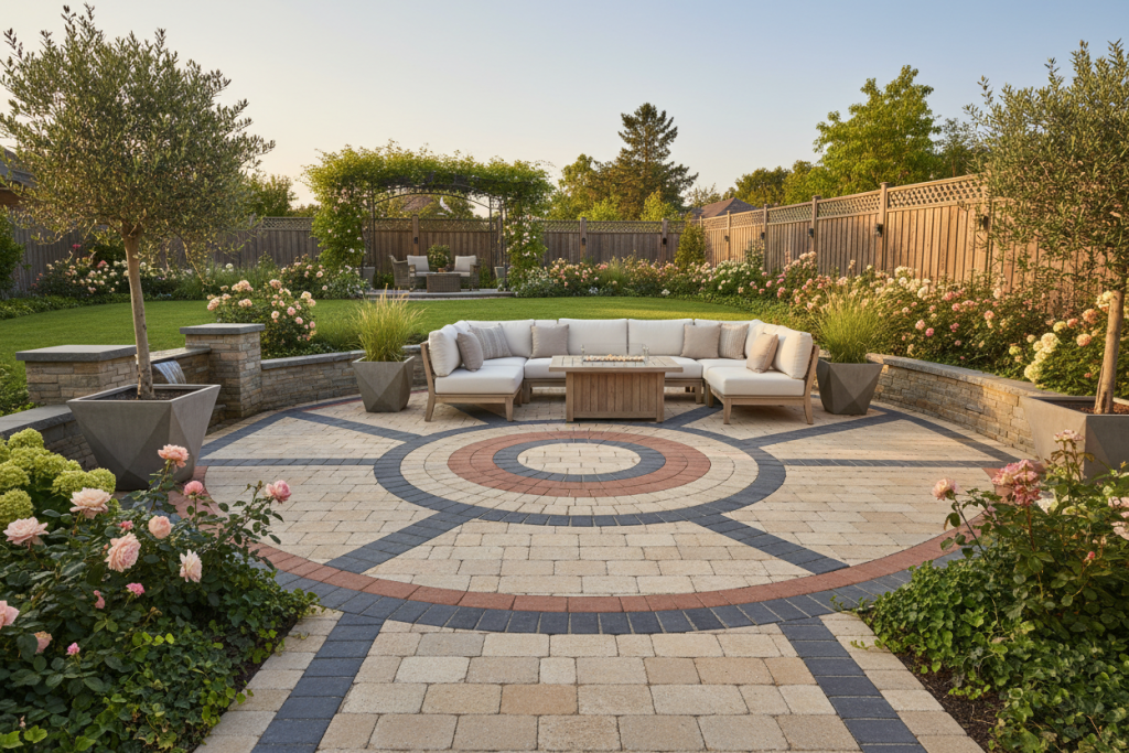 Circular stone patio with beige sectional sofa, flower beds, and a pergola in a landscaped backyard