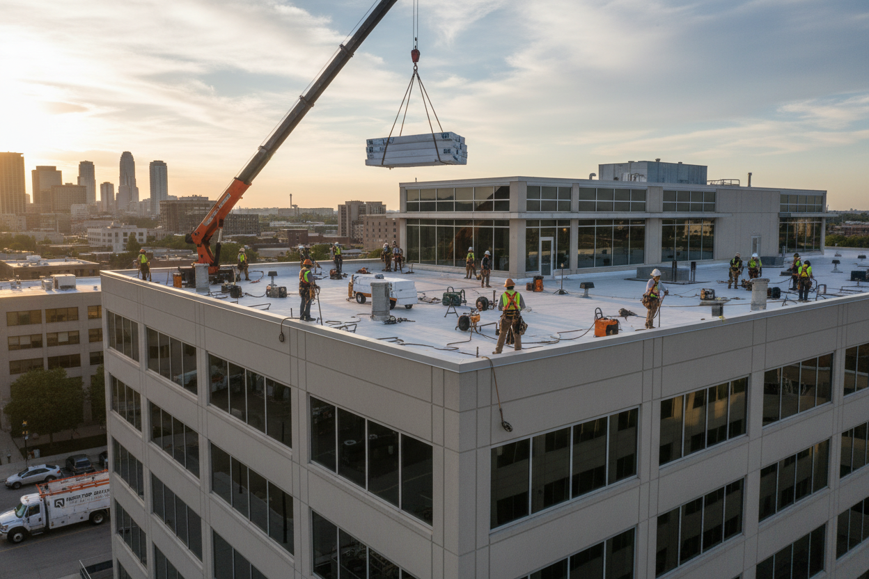 Crane lifting a rooftop HVAC unit onto a white office building at sunset, with workers on the roof and city skyline beyond