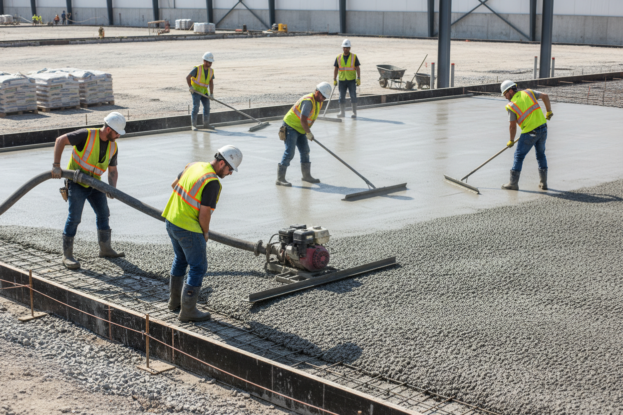 Construction workers in neon vests leveling gravel with tools on a concrete slab