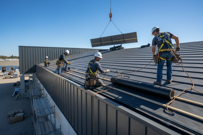 Workers installing solar panels on a metal rooftop, with one panel lifted by crane
