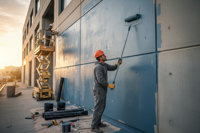 Worker painting a blue exterior wall with a roller on a scaffold at sunset