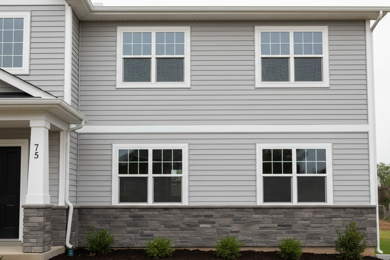 Gray two-story townhouse exterior with white trim, stone lower facade, and four front windows