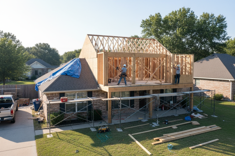 House under renovation with workers framing a second-story addition and scaffolding in the yard