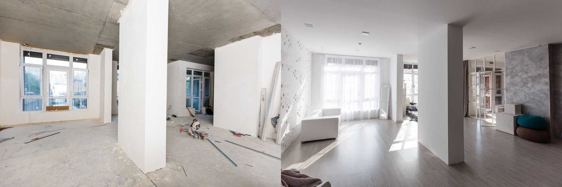Bright unfinished apartment interior with white walls, exposed wiring, large windows, and construction debris