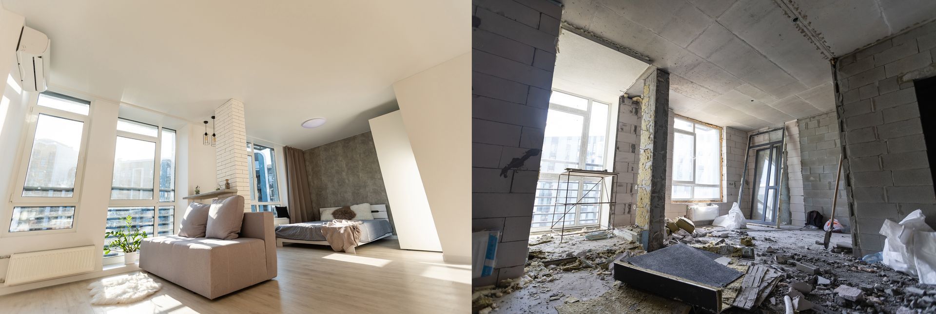 Split view of a bright furnished living room and a bare concrete interior under renovation