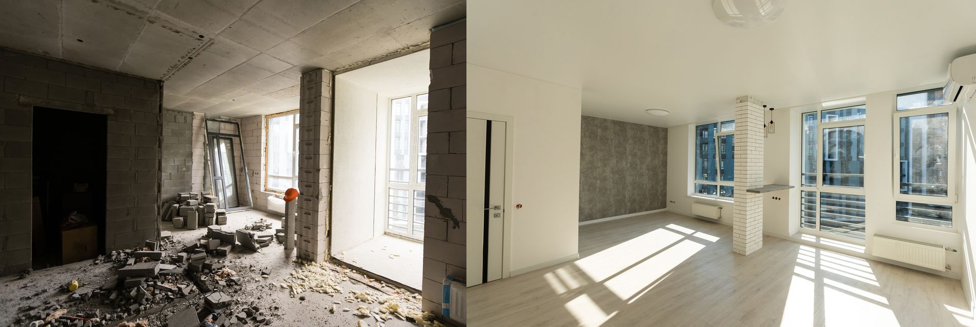Split view of a damaged room and a bright renovated room with white walls and large windows