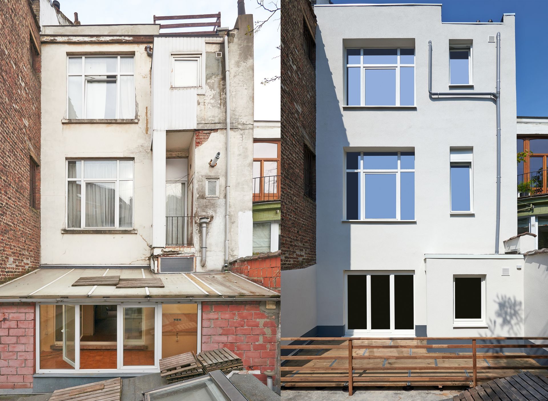 Before-and-after view of a white house facade, showing old worn exterior beside a freshly renovated blue-gray exterior.