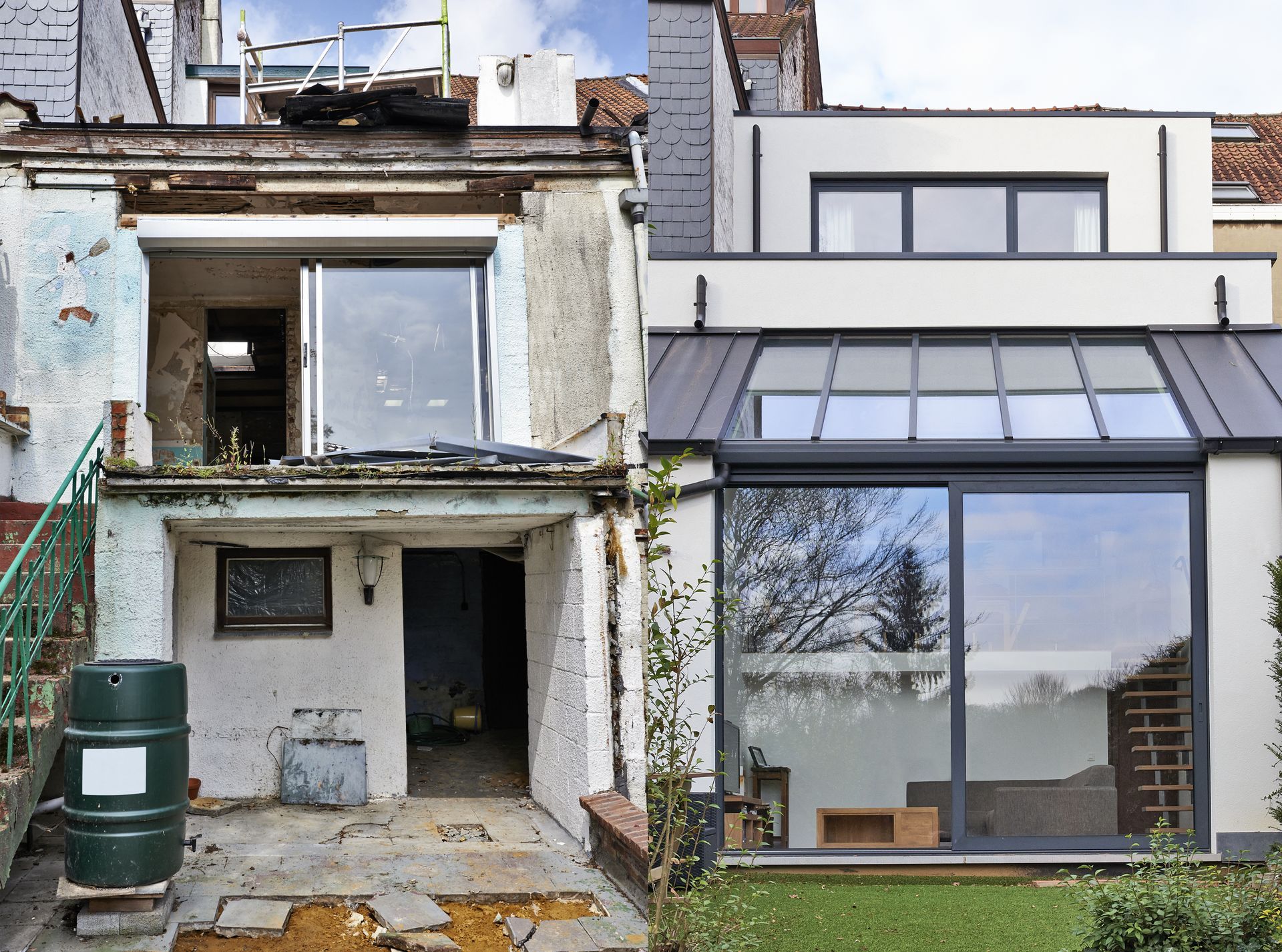Before-and-after view of a renovated house exterior, showing a damaged left side and modern glass extension on the right