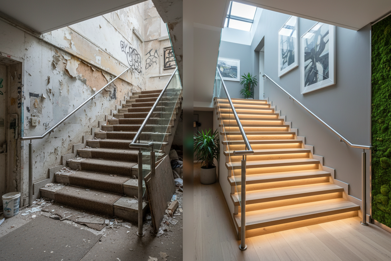 Before-and-after stairway renovation: worn concrete stairs beside a clean, modern interior staircase.