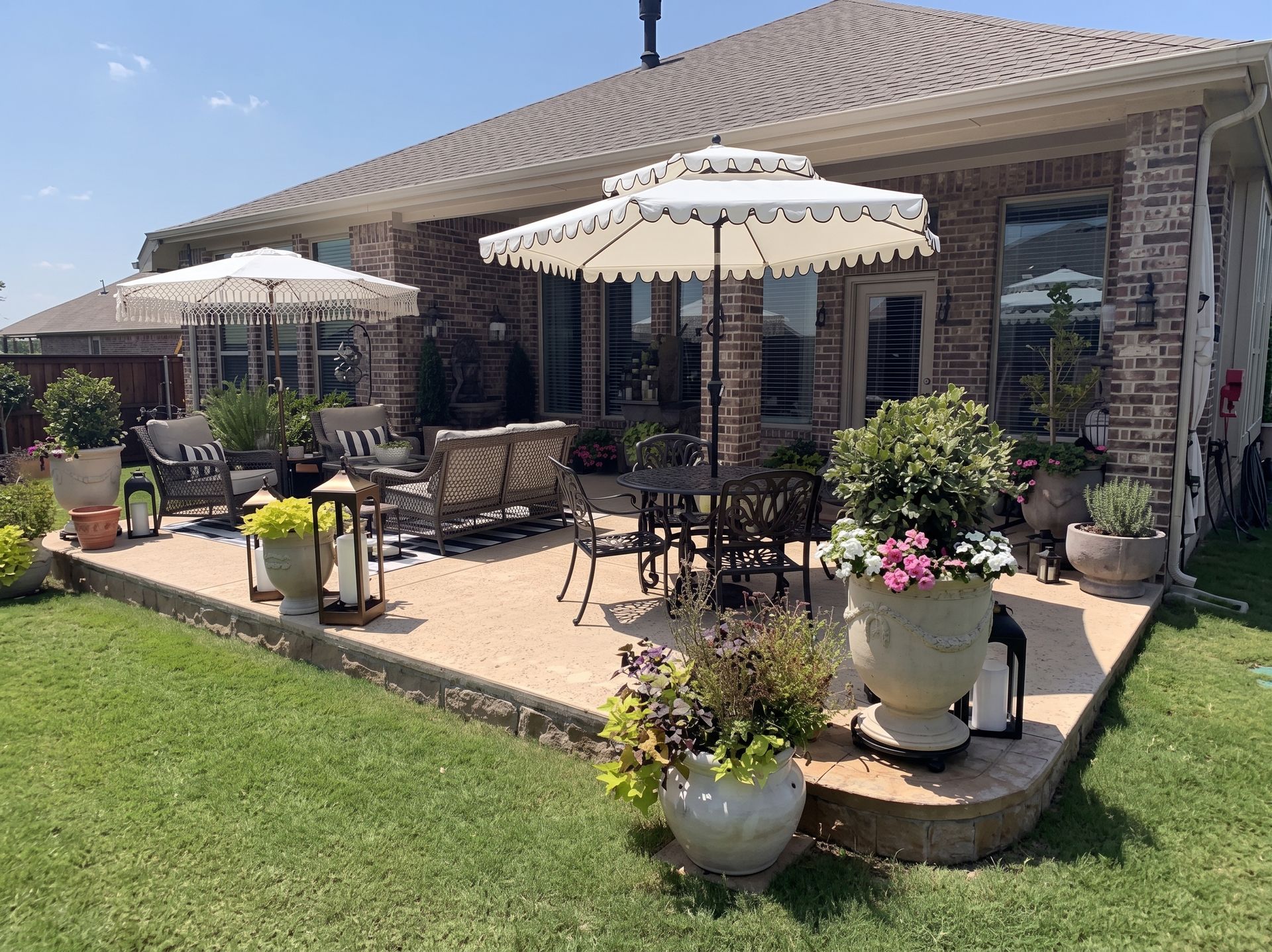 Patio with outdoor table and umbrellas beside a brick house, overlooking a green lawn and potted flowers