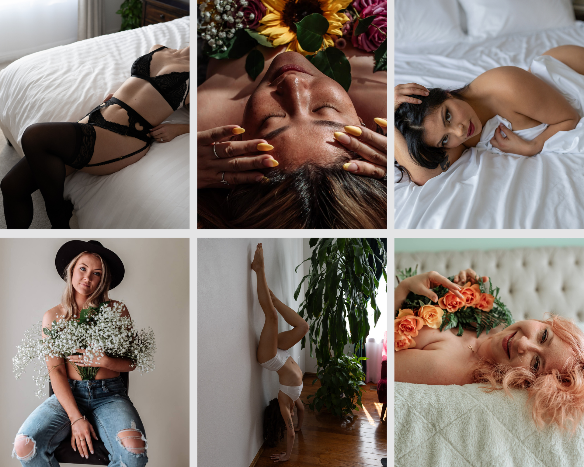 6 photos collaged together of women in boudoir poses and women using flowers as their tops.
