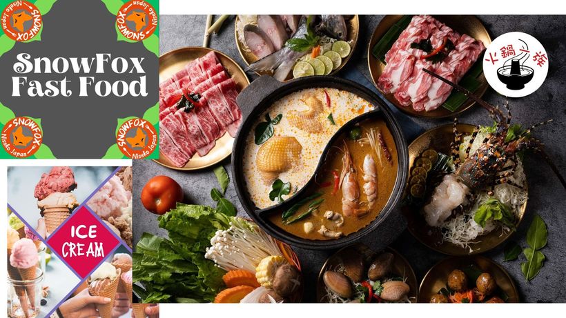 擺放著各種火鍋菜餚，包括肉片、海鮮和蔬菜，旁邊還配有各種冰淇淋的插圖。