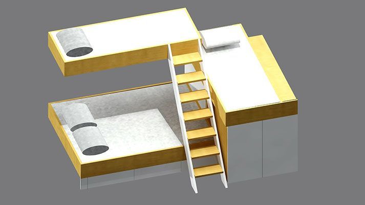 Piccoli letti a castello modulari, bianchi e gialli, con scala centrale e vani portaoggetti.