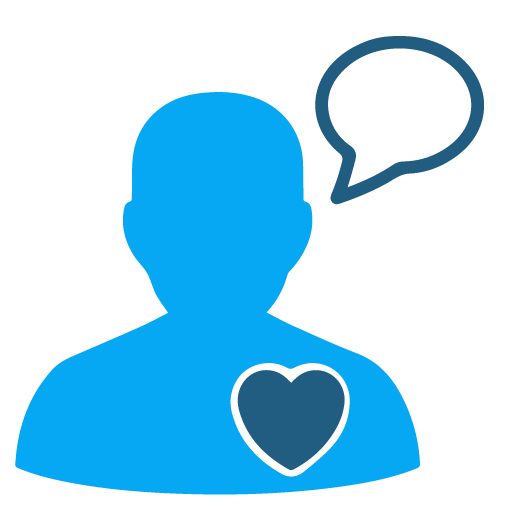 Sagoma blu di una persona con un cuore sul petto e un fumetto.
