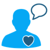 Sagoma blu di una persona con un cuore sul petto e un fumetto.