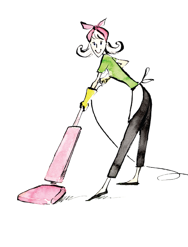 Donna che passa l'aspirapolvere; aspirapolvere rosa, maglietta verde, guanti gialli, pantaloni neri, grembiule.