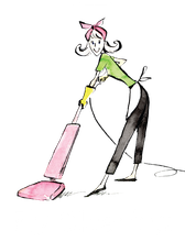 Donna che passa l'aspirapolvere; aspirapolvere rosa, maglietta verde, guanti gialli, pantaloni neri, grembiule.