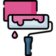 Rullo di vernice rosa che applica la vernice.