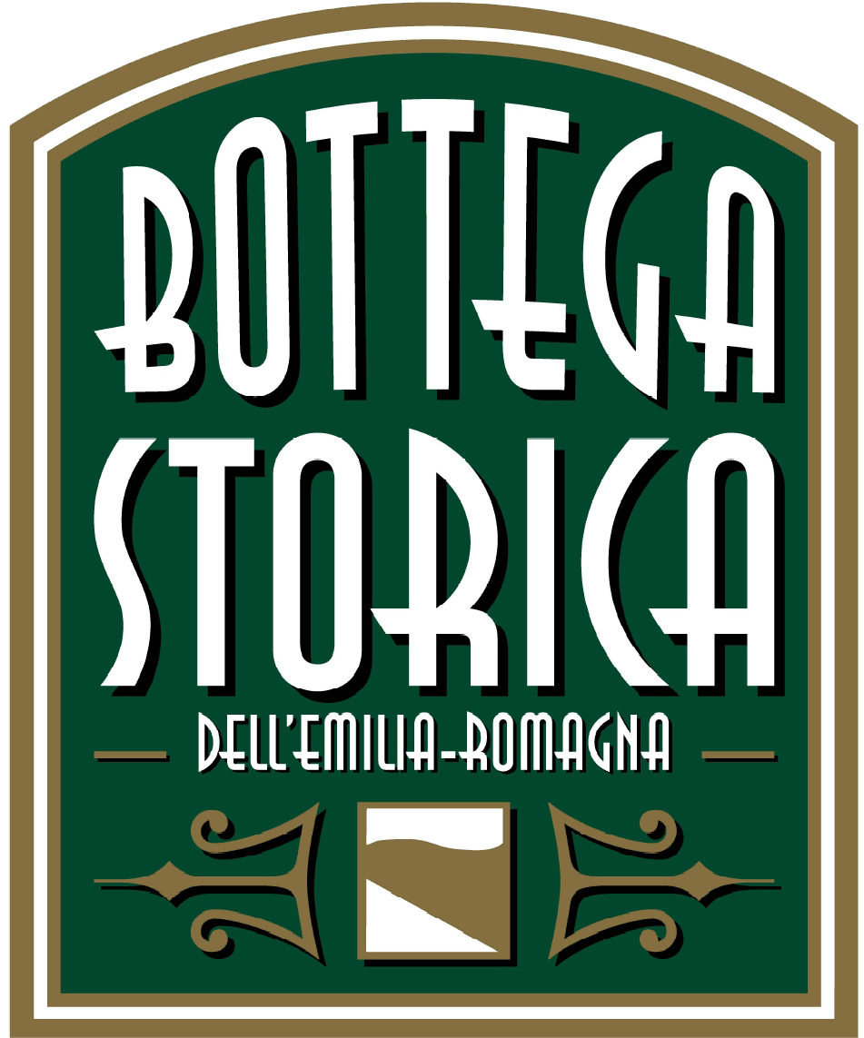 Logo per Bottega Storica in Emilia-Romagna. Sfondo verde scuro con testo bianco e bordo dorato; contiene un simbolo stilizzato.