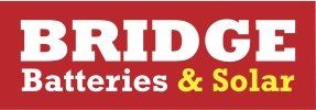A bridge batteries and solar logo on a red background