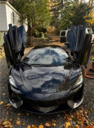 Dark sports car in a driveway, flanked by raised doors, with autumn leaves on the ground.
