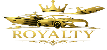 Gold luxury logo with crown, sports car, airplane, and the word “ROYALTY”