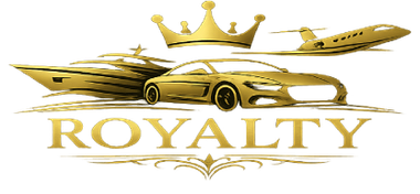 Gold luxury logo with crown, sports car, airplane, and the word “ROYALTY”
