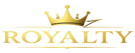 Gold crown above the word “ROYALTY” in elegant gold lettering on a white background