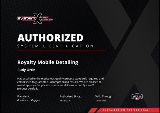 Authorized System X Certification for Royalty Mobile Detailing, black and red certificate-style graphic