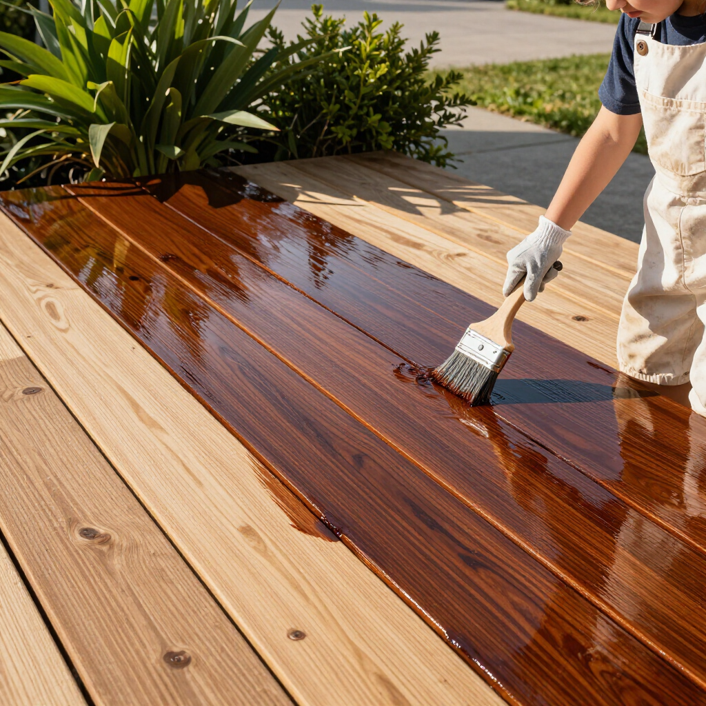 A person brushes glossy wood stain onto an outdoor deck plank beside green plants.