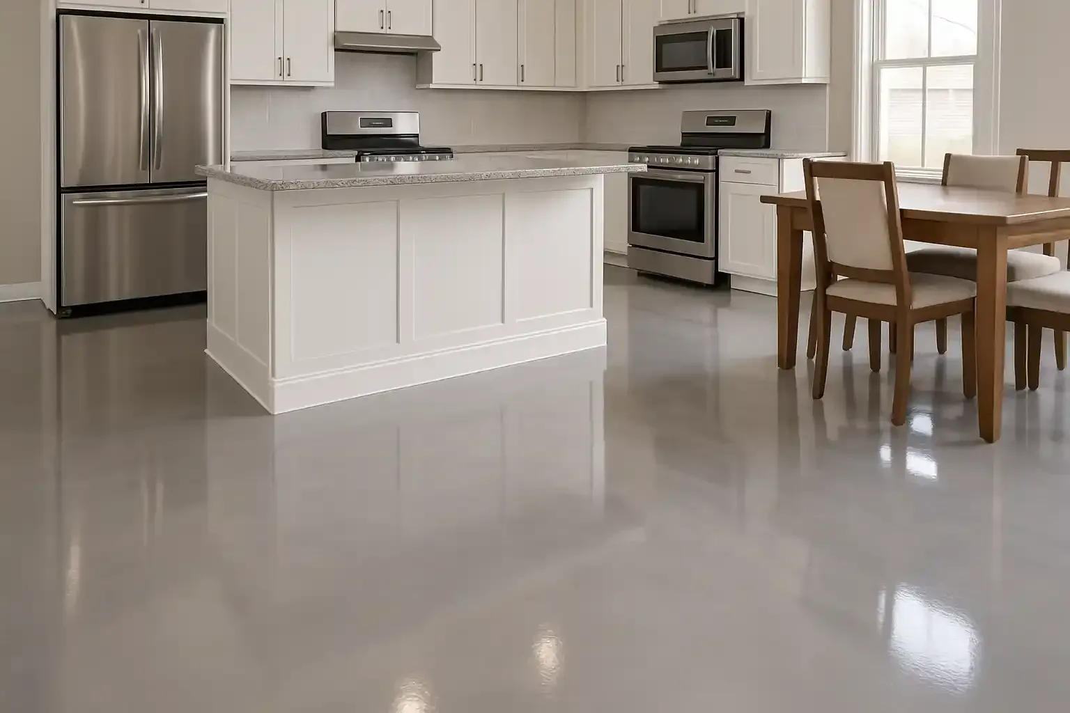 Bright modern kitchen with stainless appliances, white island, and a dining table on a polished floor