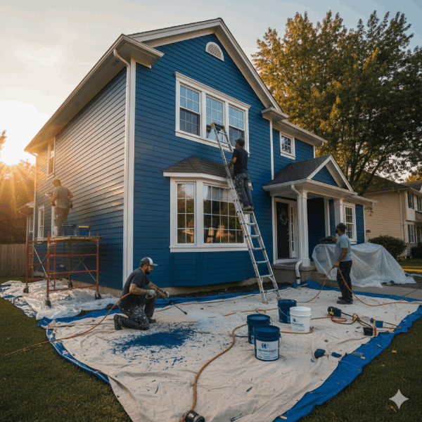 Workers painting a blue house exterior, with ladders, scaffolding, and drop cloths in the yard