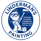Linderman's Painting logo with cartoon painter holding a brush and paint can, blue and white circular design
