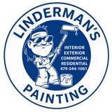 Linderman’s Painting logo with cartoon painter holding brush and paint can, listing interior, exterior, commercial, residential.