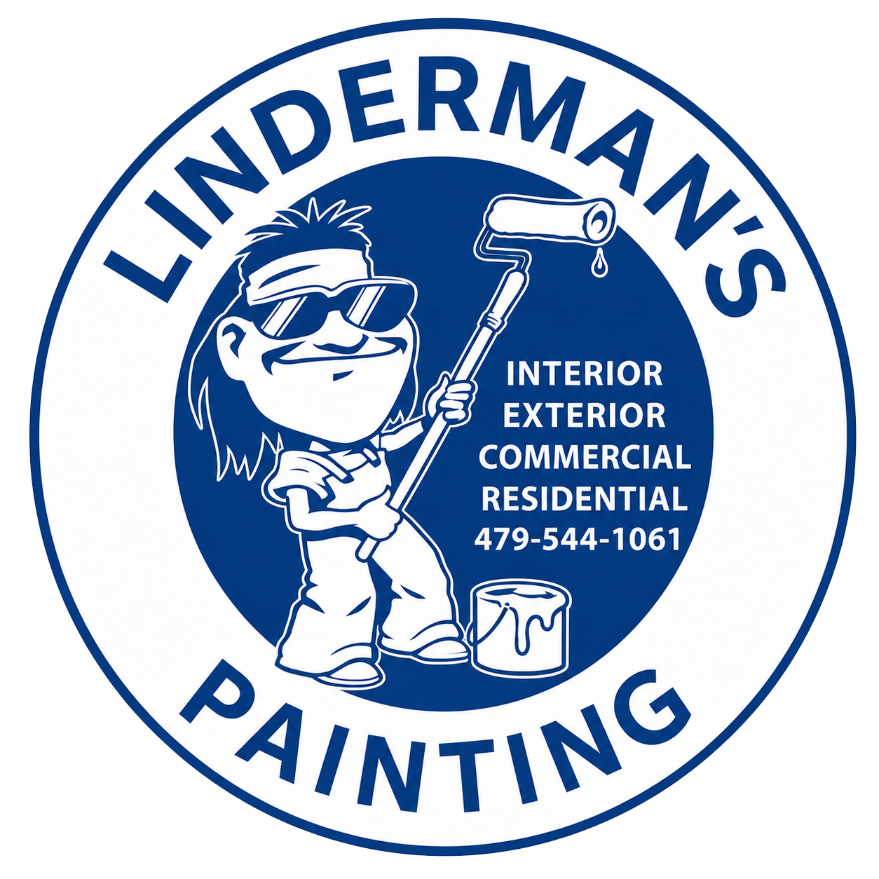 Linderman's Painting logo: cartoon painter in blue circle with paint roller 