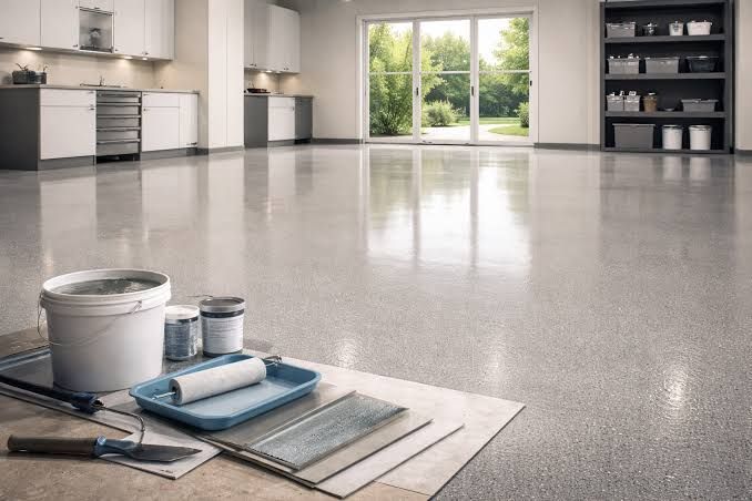 Painting supplies on a floor in a bright, empty kitchen or garage with large windows and cabinets