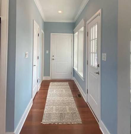 Bright hallway with light blue walls, white doors, wood floors, and a patterned runner rug.