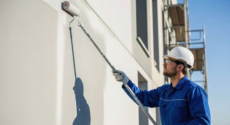 Worker in hard hat painting an exterior wall with a roller on an extension pole