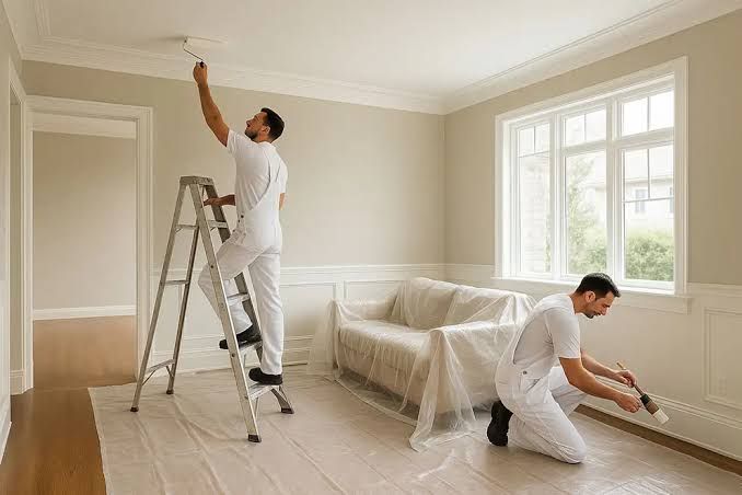 Two painters in white work on a bright room, one on a ladder painting the ceiling and one kneeling by the floor.