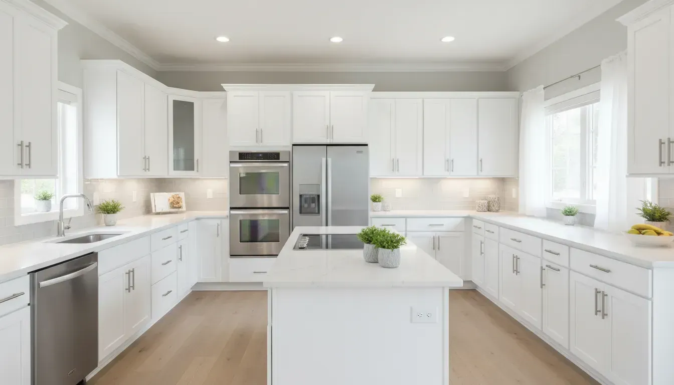 Bright modern white kitchen with island, stainless steel appliances, and wood floors