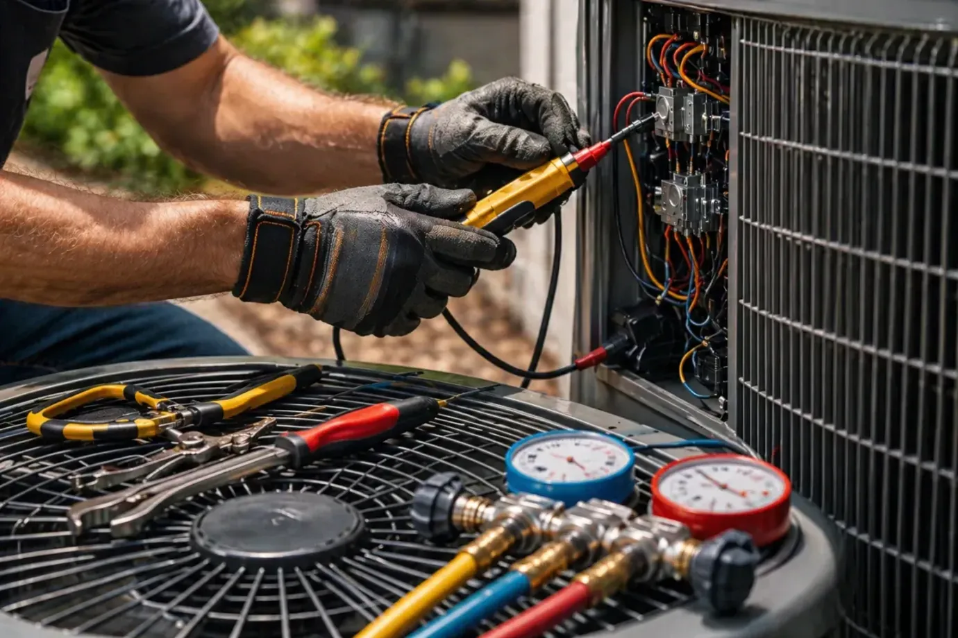 air conditioning repair service technician fixing AC unit