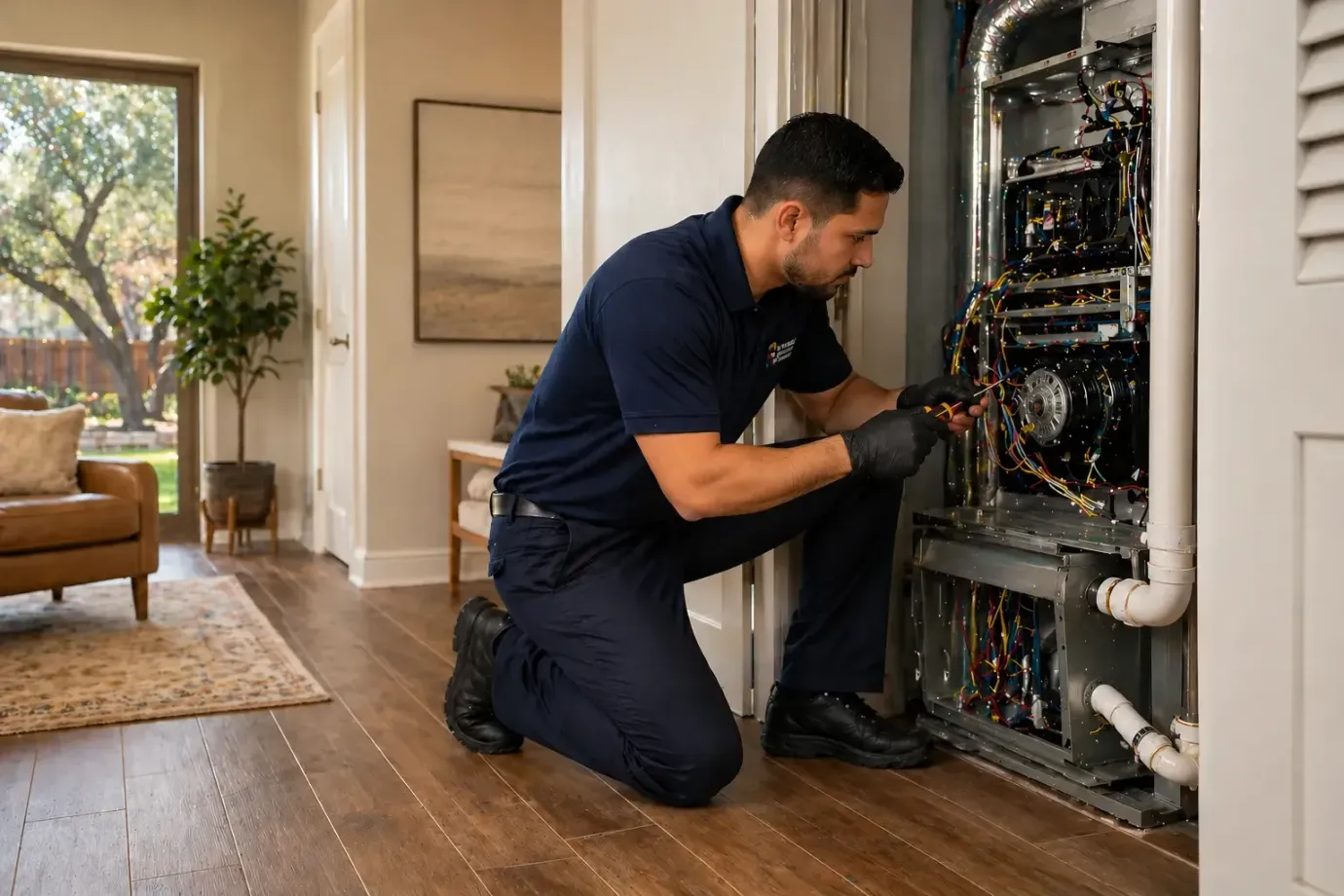 HVAC technician fixing furnace unit inside Avondale home