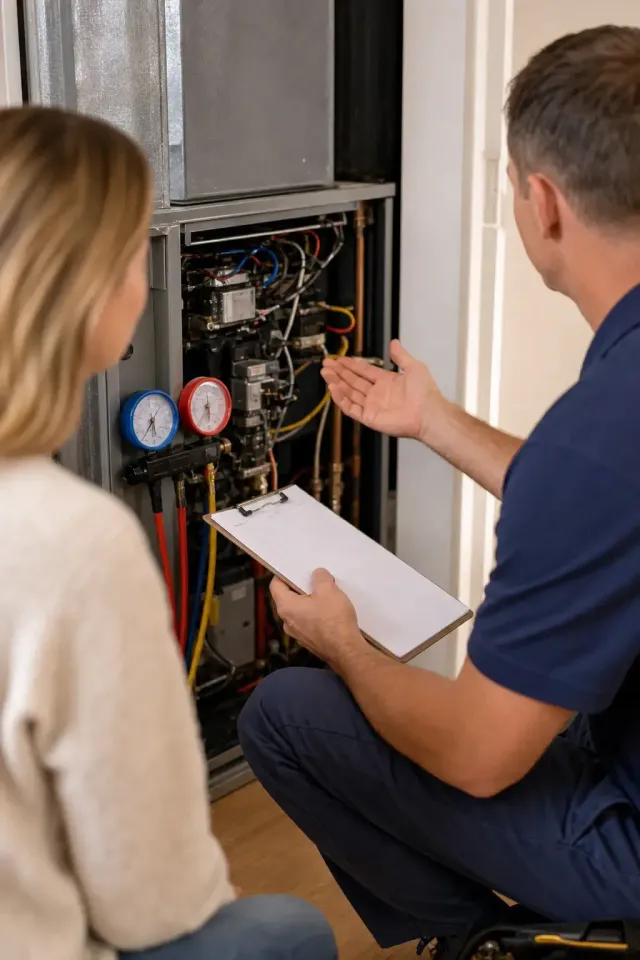 professional HVAC technician explaining AC inspection to Avondale homeowner