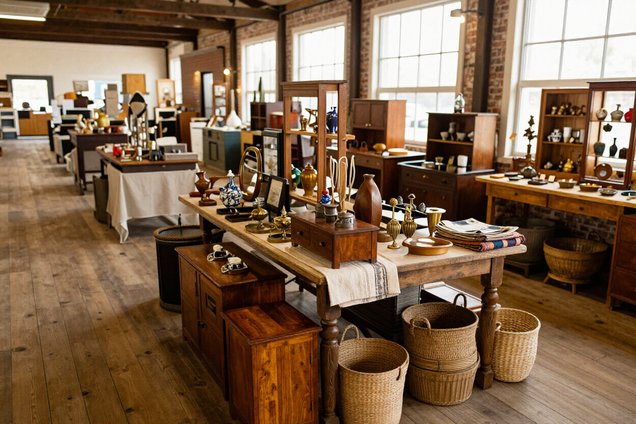 Rustic market shop interior with wooden tables, baskets, and assorted handmade goods displayed by windows