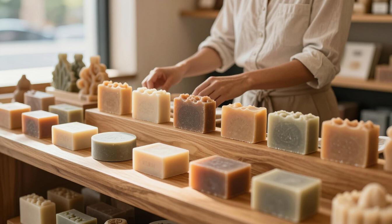 Assorted handmade soap bars displayed on wooden trays in a shop, with a person arranging them in the background