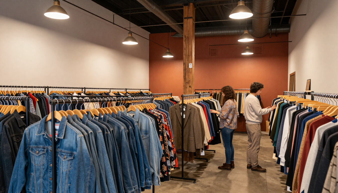 Clothing store aisle with racks of denim jackets and shirts, and two shoppers browsing in the back.