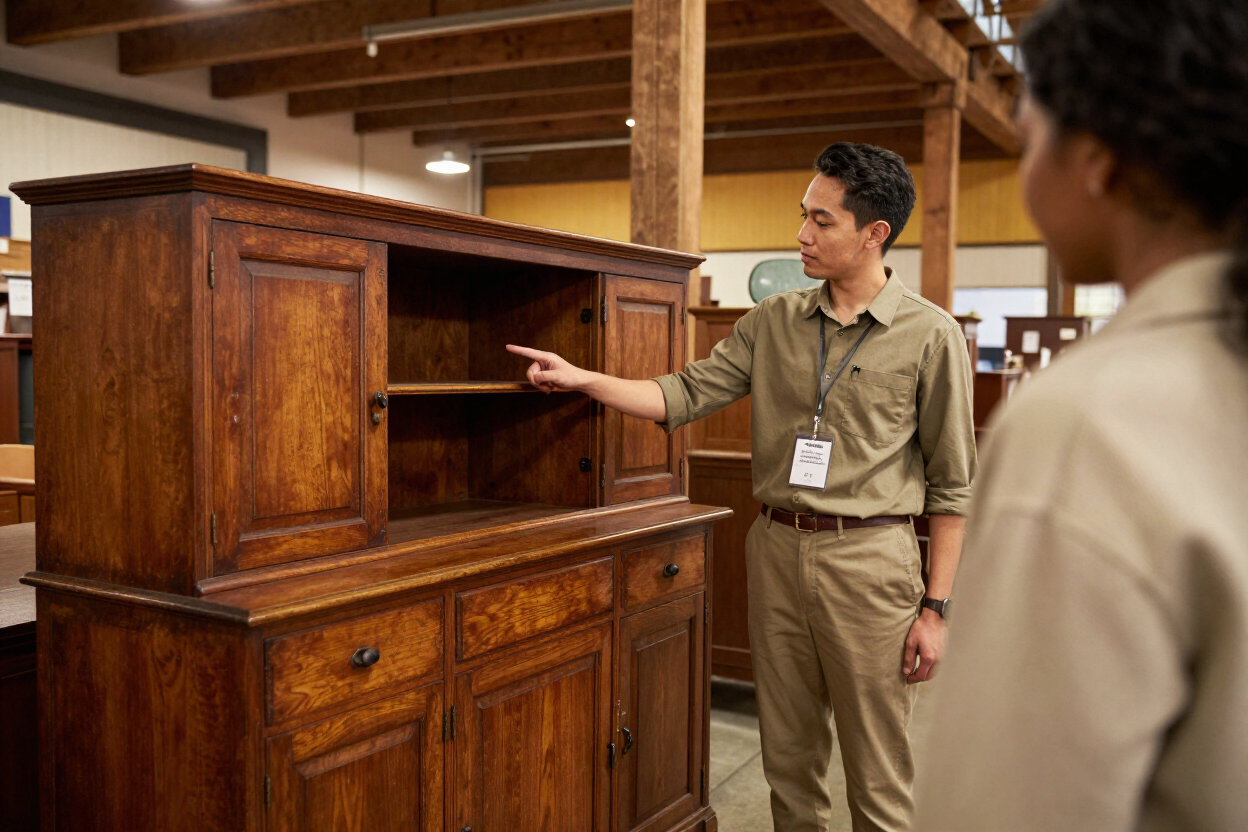 Two people inspecting a wooden cabinet display in a wood-paneled room