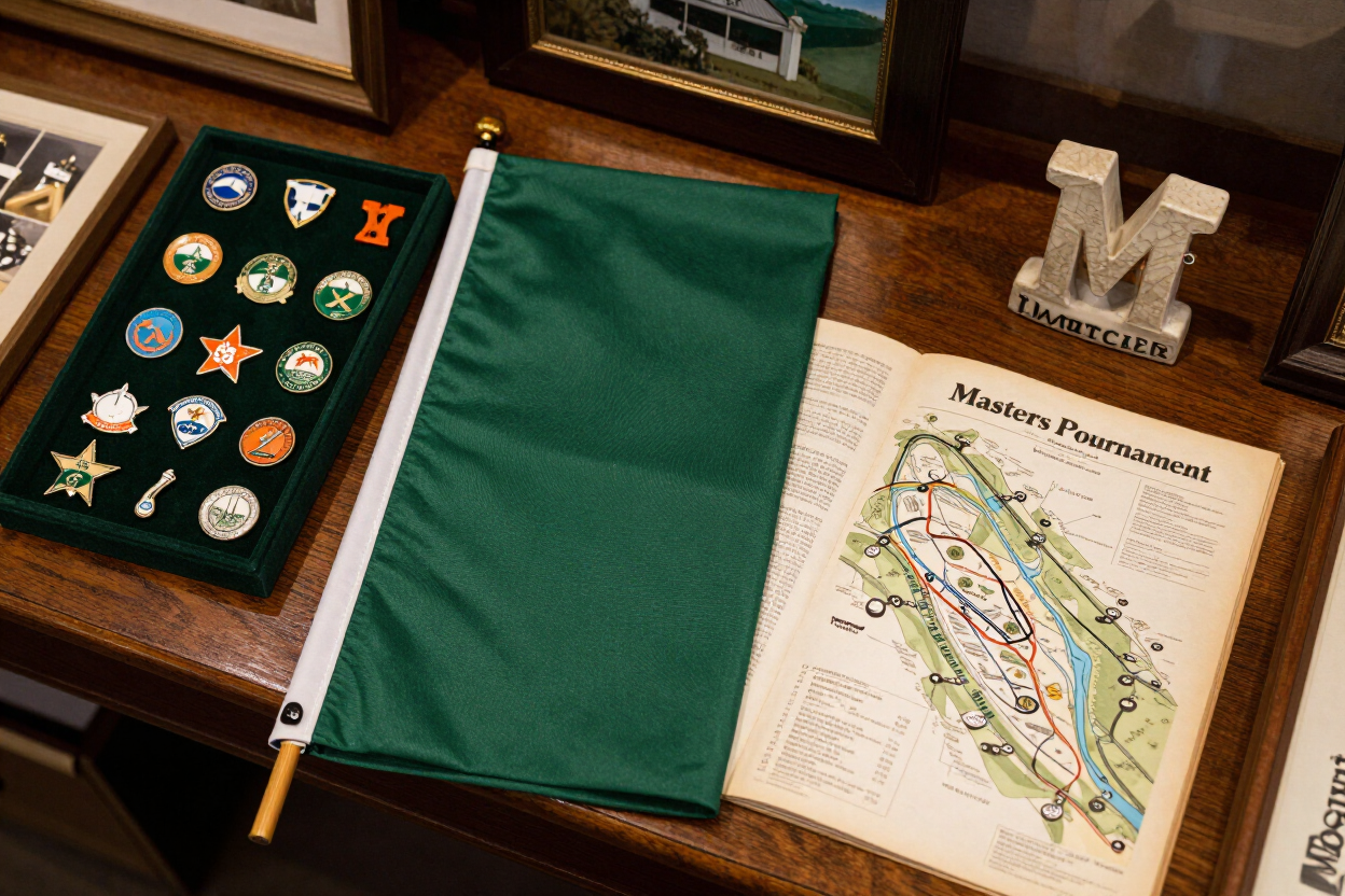 Table display with green flag, map, pins, and commemorative items